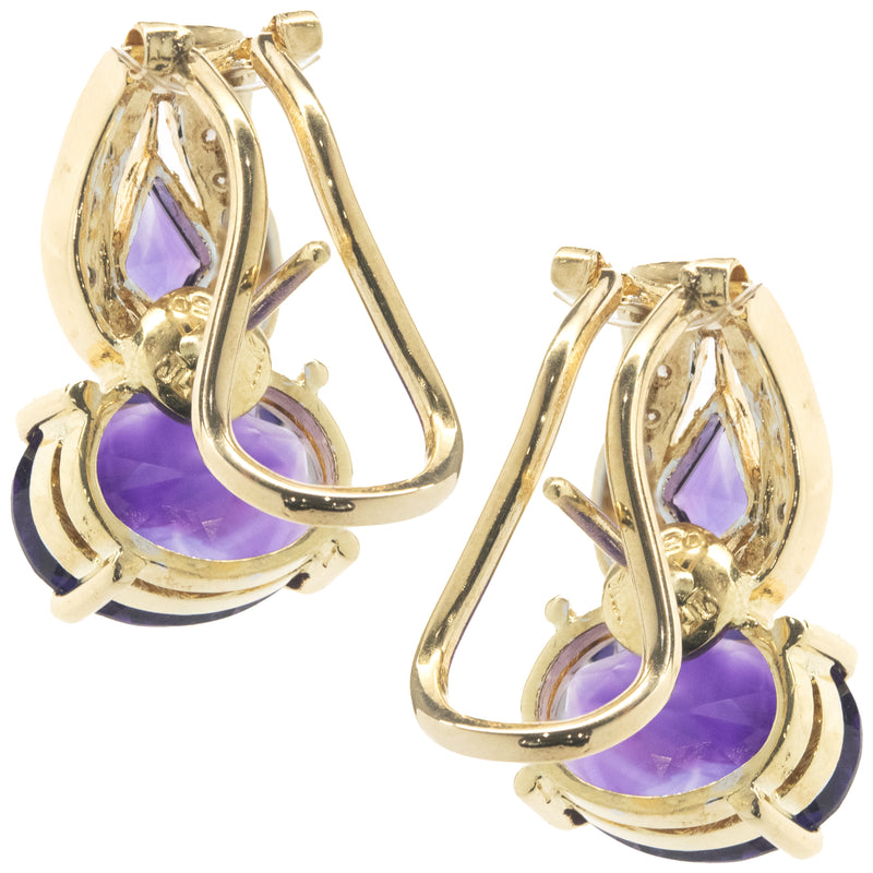 18 Karat Yellow Gold Vintage Diamond and Amethyst Drop Earrings