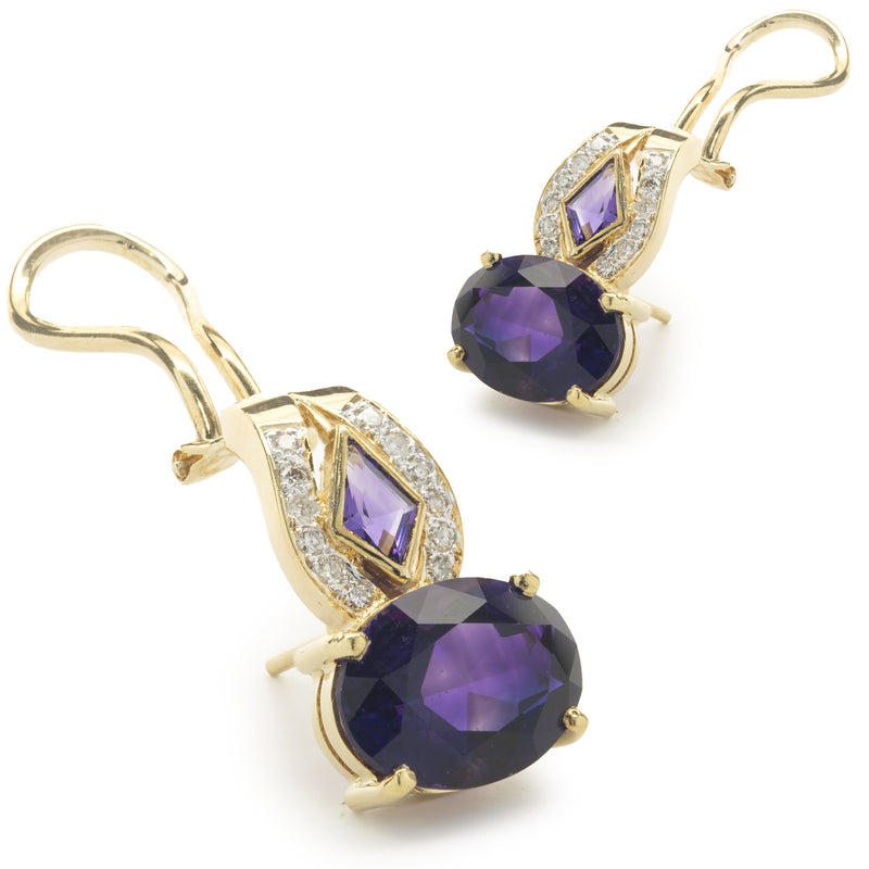 18 Karat Yellow Gold Vintage Diamond and Amethyst Drop Earrings
