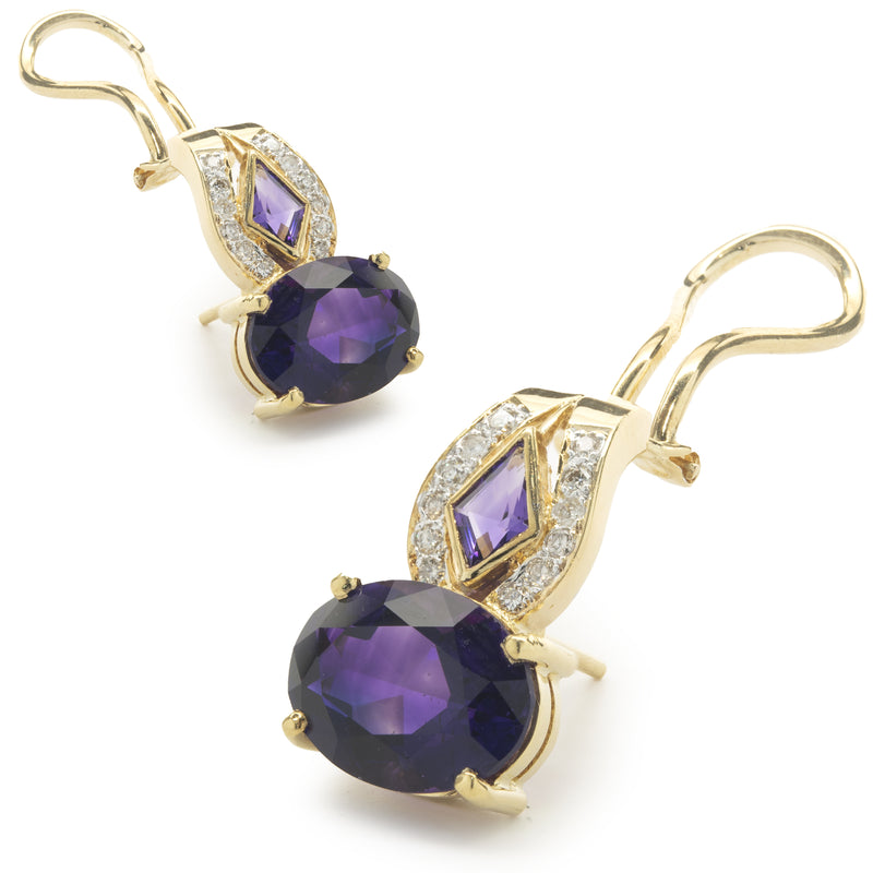 18 Karat Yellow Gold Vintage Diamond and Amethyst Drop Earrings