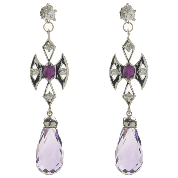 14 Karat White Gold Briolette Amethyst and Ruby Cross Drop Earrings