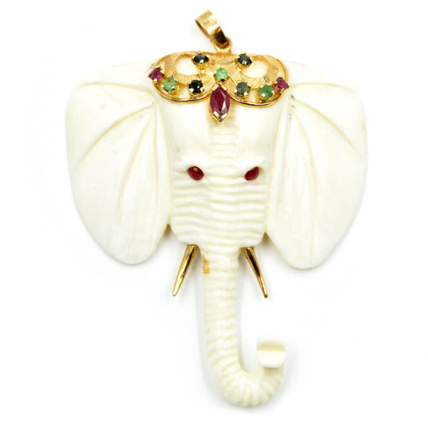 Elephant 14k Yellow Gold Pendant set with Rubies, Sapphires and Tsavorites