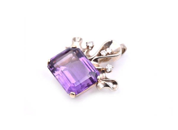 14k White Gold Amethyst and Diamond Pendant