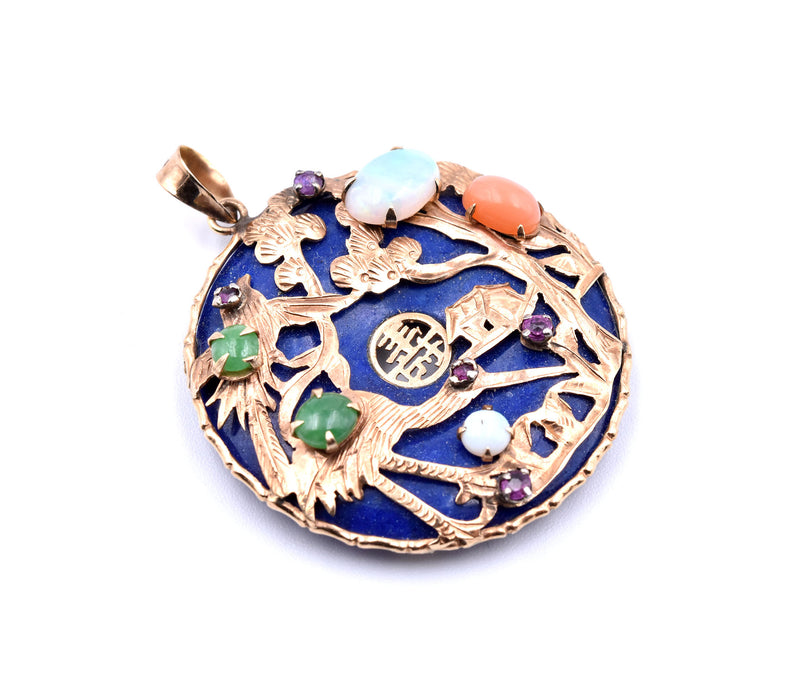 14k Yellow Gold Lapis, Jade, Opal, and Ruby Asian Style Pendant