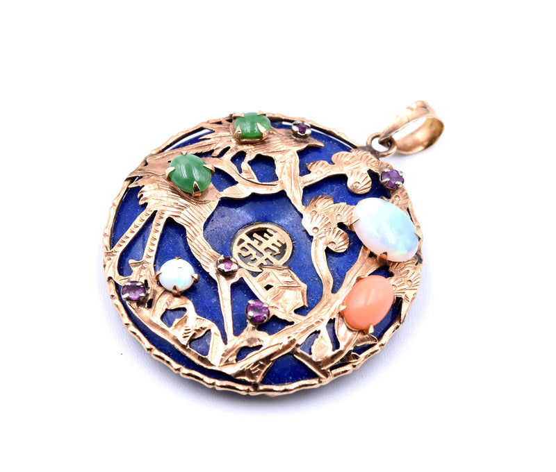 14k Yellow Gold Lapis, Jade, Opal, and Ruby Asian Style Pendant