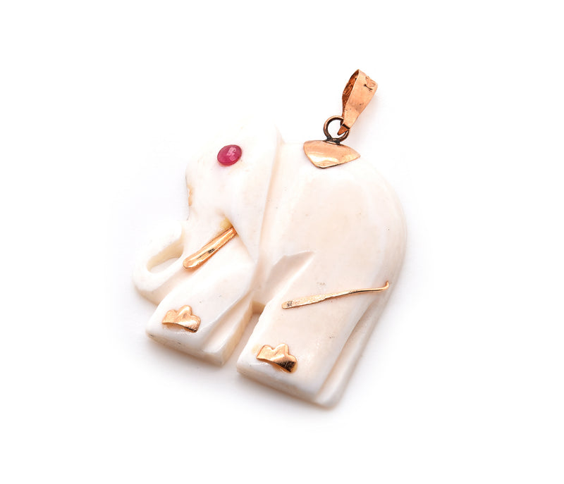 14 Karat Yellow Gold Carved Ivory Elephant Pendant