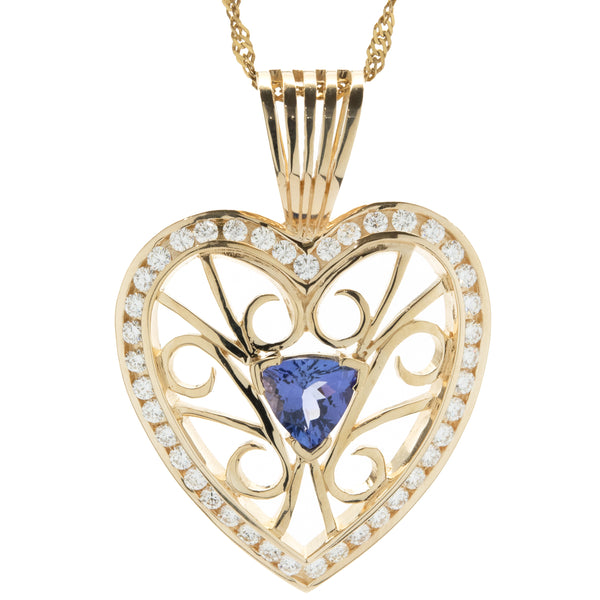 14 Karat Yellow Gold Tanzanite and Diamond Heart Pendant