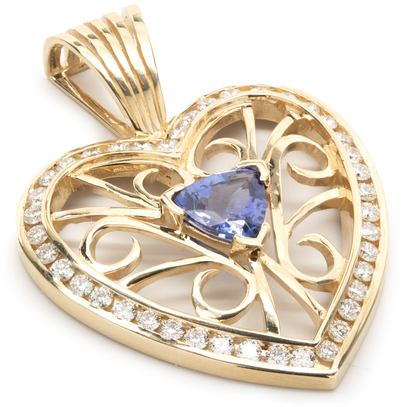 14 Karat Yellow Gold Tanzanite and Diamond Heart Pendant