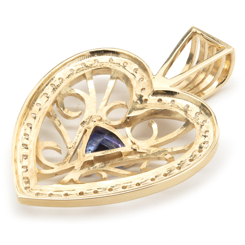 14 Karat Yellow Gold Tanzanite and Diamond Heart Pendant