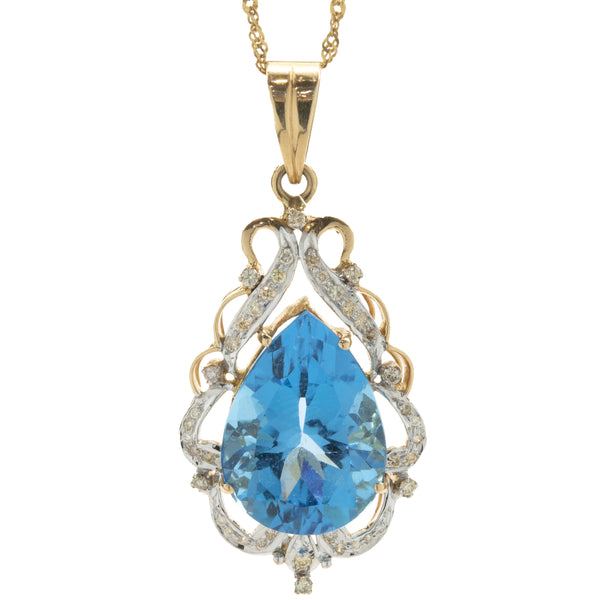 18 Karat Yellow Gold Pear Cut Blue Topaz and Diamond Freeform Pendant