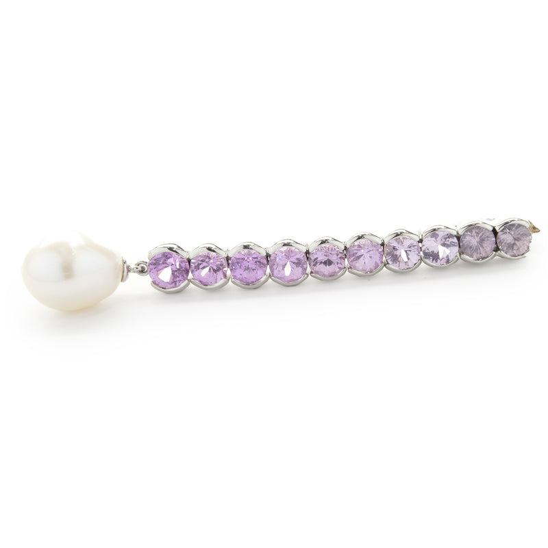 18 Karat White Gold Pink Sapphire and South Sea Pearl Drop Pendant