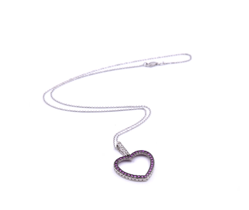 14k White Gold Diamond and Pink Sapphire Heart Necklace