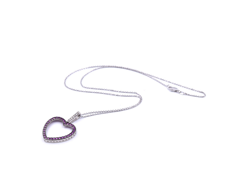 14k White Gold Diamond and Pink Sapphire Heart Necklace
