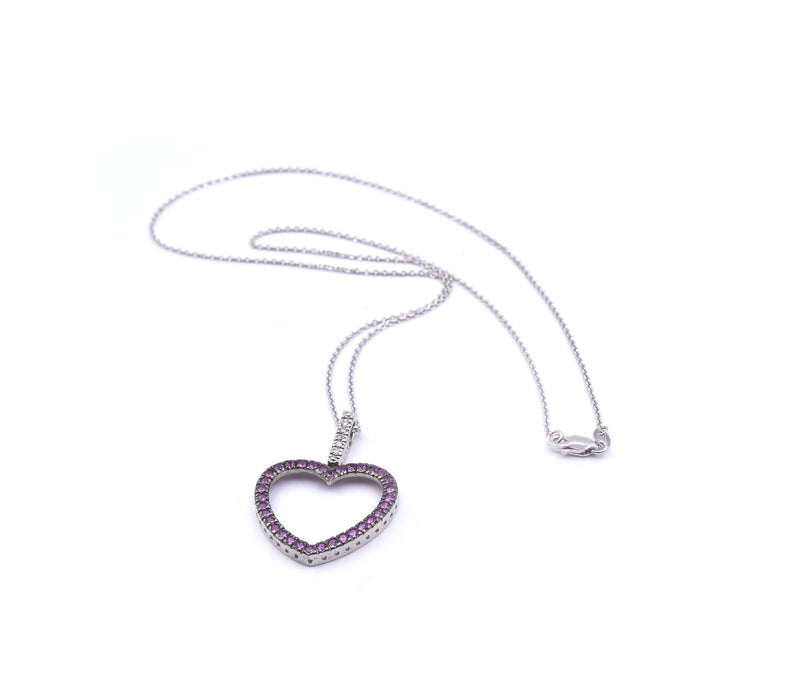 14k White Gold Diamond and Pink Sapphire Heart Necklace