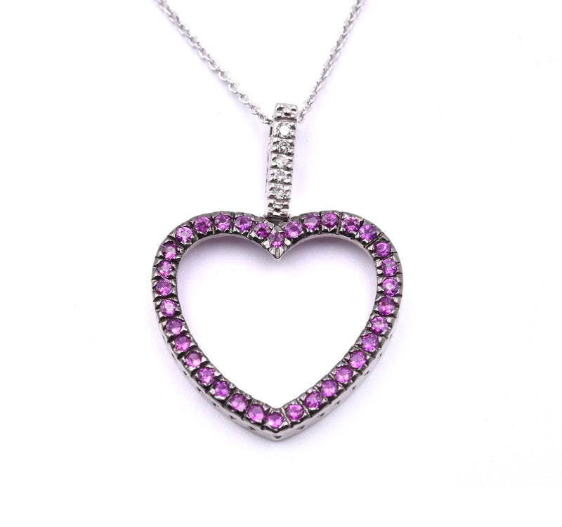 14k White Gold Diamond and Pink Sapphire Heart Necklace