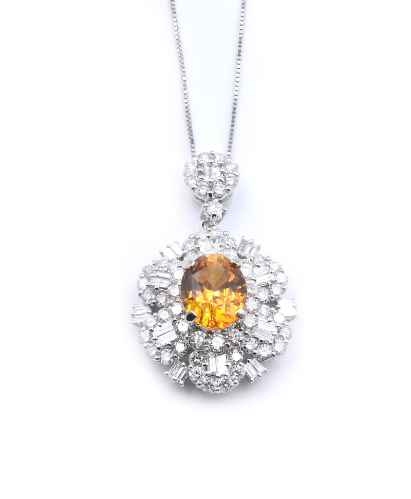 14 Karat White Gold Orange Sapphire and Diamond Necklace