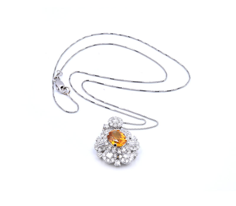 14 Karat White Gold Orange Sapphire and Diamond Necklace