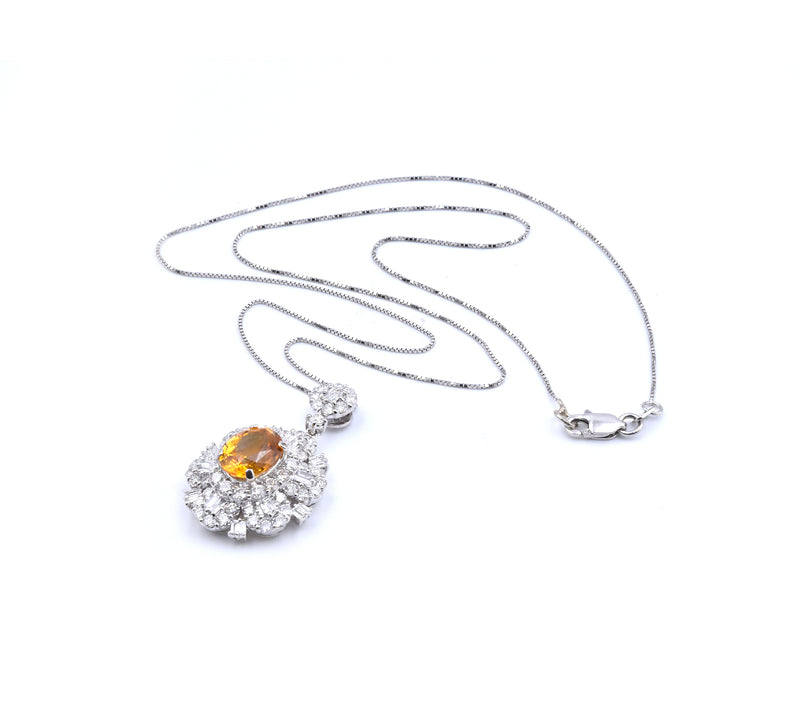 14 Karat White Gold Orange Sapphire and Diamond Necklace