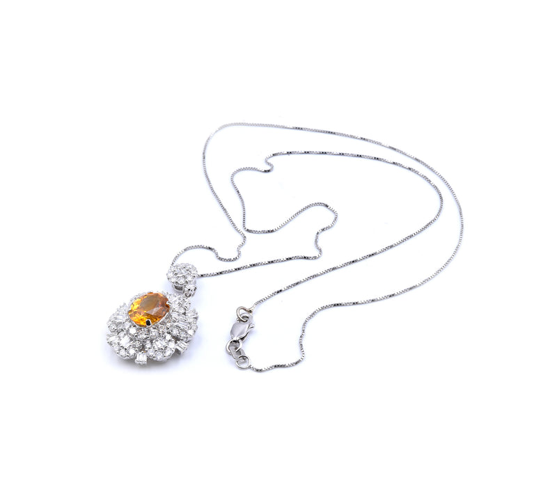 14 Karat White Gold Orange Sapphire and Diamond Necklace
