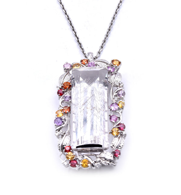 18k White Gold Rutilated Quartz and Multi Sapphire and Diamond Pendant