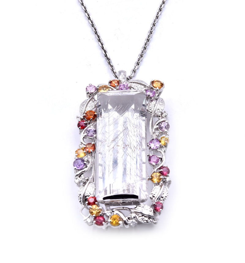 18k White Gold Rutilated Quartz and Multi Sapphire and Diamond Pendant