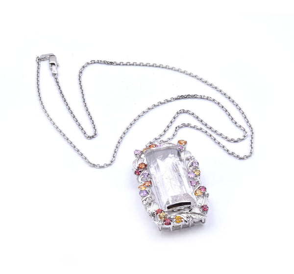18k White Gold Rutilated Quartz and Multi Sapphire and Diamond Pendant