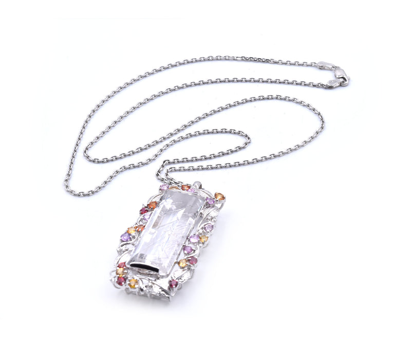 18k White Gold Rutilated Quartz and Multi Sapphire and Diamond Pendant