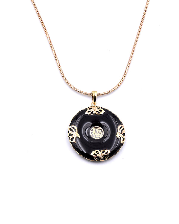 14 Karat Yellow Gold Asian Style Black Jade Necklace