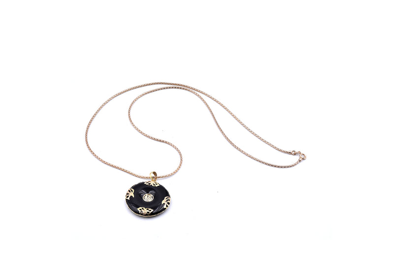 14 Karat Yellow Gold Asian Style Black Jade Necklace