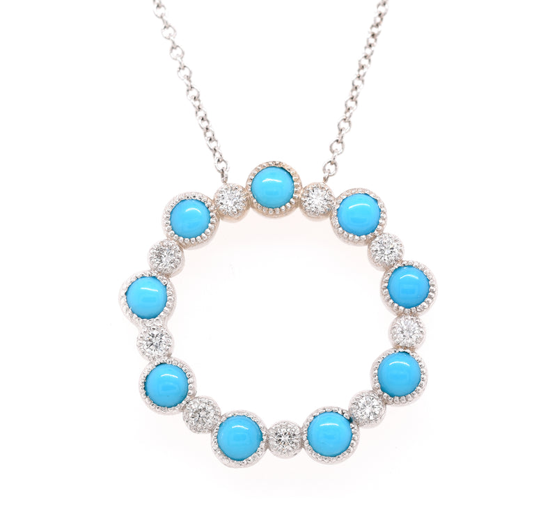 14 Karat White Gold Turquoise and Diamond Circle Necklace