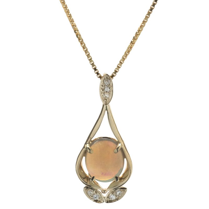 14 Karat Yellow Gold Vintage Opal and Diamond Drop Necklace