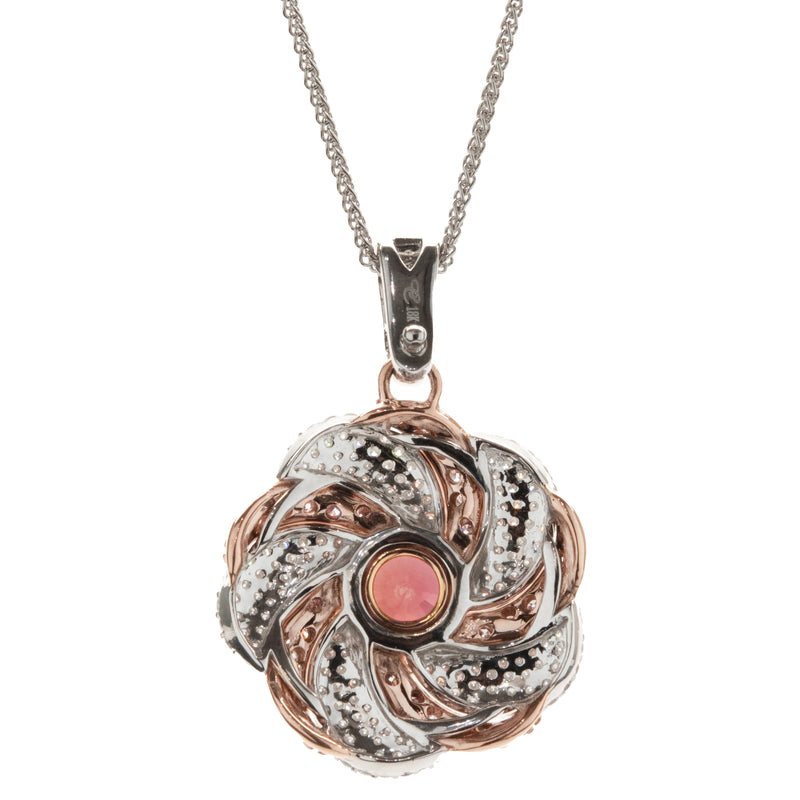 Chromia 18 Karat Rose and White Gold Red Tourmaline and Pave Diamond Flower Necklace