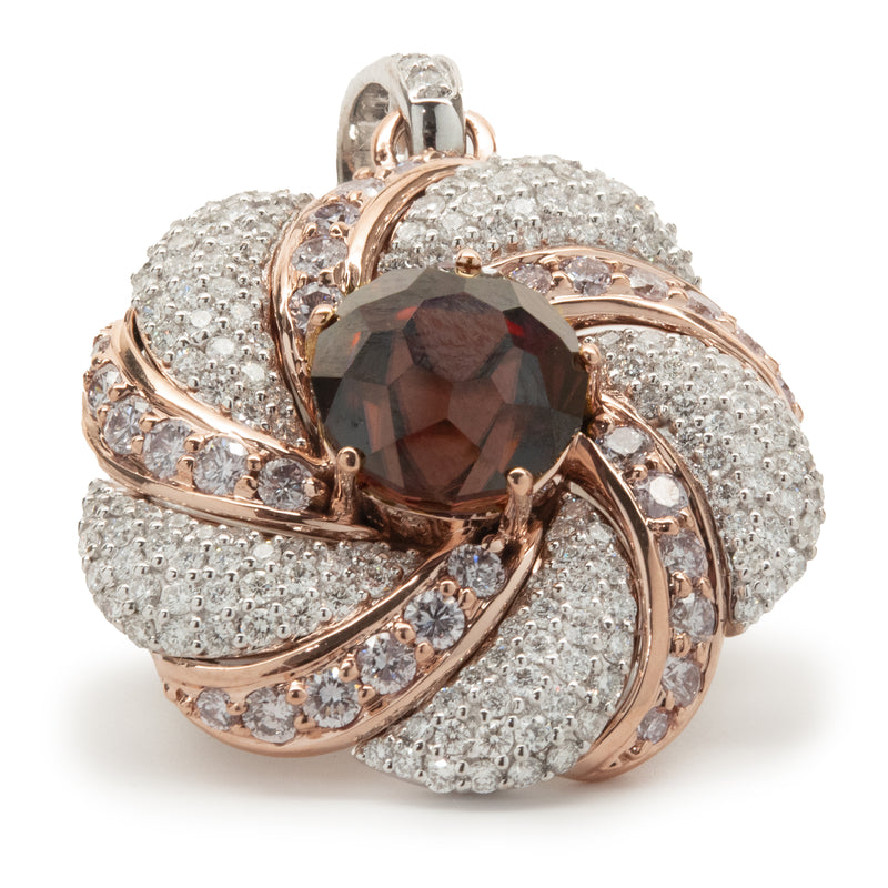 Chromia 18 Karat Rose and White Gold Red Tourmaline and Pave Diamond Flower Necklace
