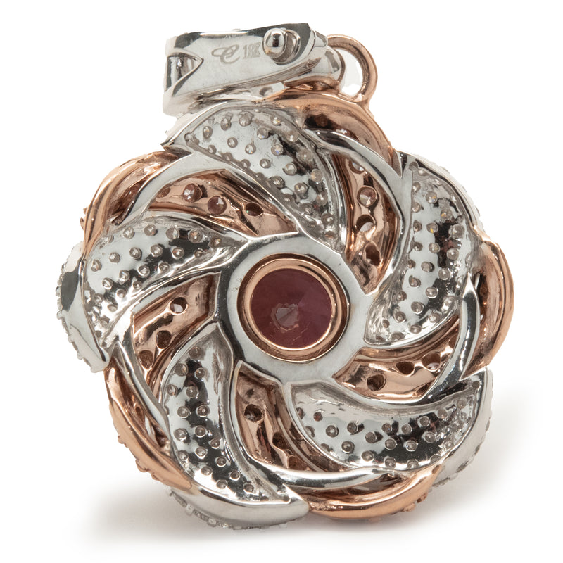 Chromia 18 Karat Rose and White Gold Red Tourmaline and Pave Diamond Flower Necklace