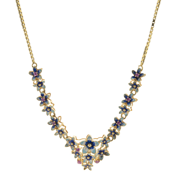 18 Karat Yellow Gold Enamel Flower and Ruby Necklace