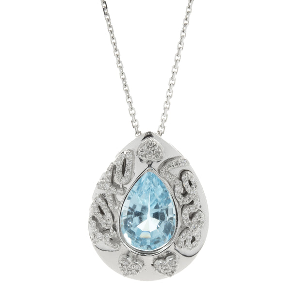 14 Karat White Gold Blue Topaz and Diamond XOXO LOVE Necklace