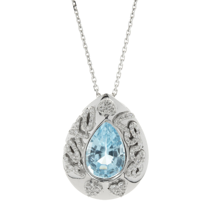 14 Karat White Gold Blue Topaz and Diamond XOXO LOVE Necklace