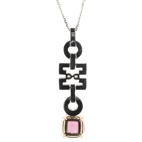 18 Karat White and Rose Gold Pink Tourmaline and Diamond Geometric Drop Necklace