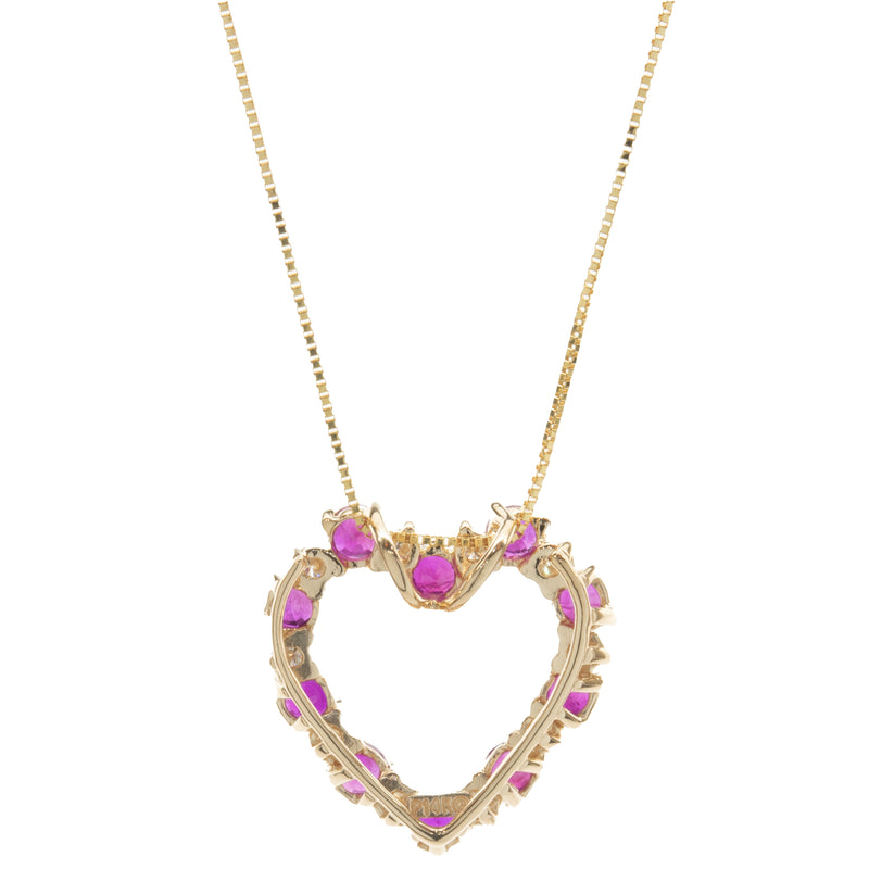 14 Karat Yellow Gold Diamond and Ruby Open Heart Necklace