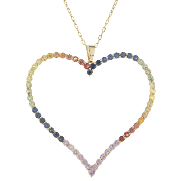 18 Karat Yellow Gold Rainbow Sapphire Open Heart Necklace