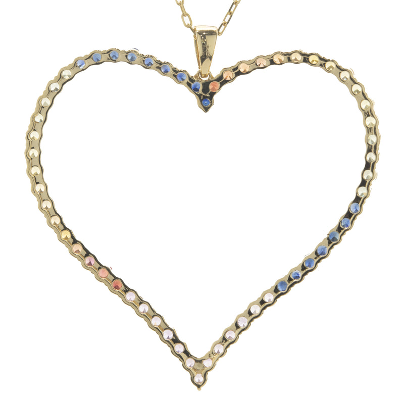 18 Karat Yellow Gold Rainbow Sapphire Open Heart Necklace