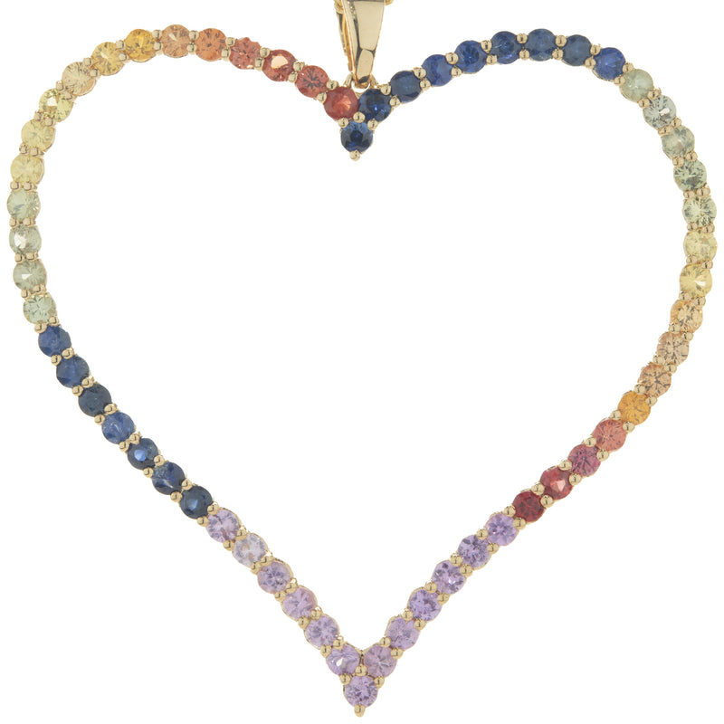 18 Karat Yellow Gold Rainbow Sapphire Open Heart Necklace