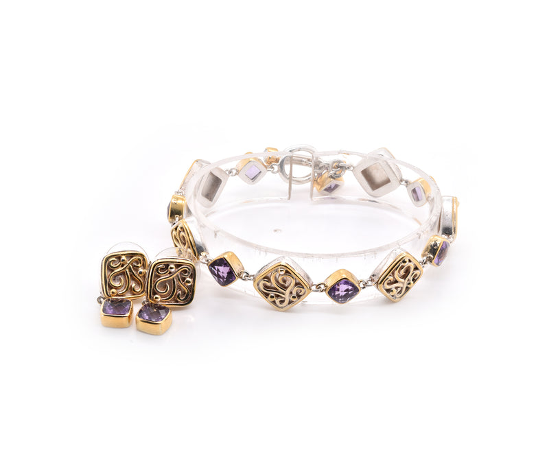 Sterling Silver and 18k Yellow Gold Amethyst Bracelet and Earring Set