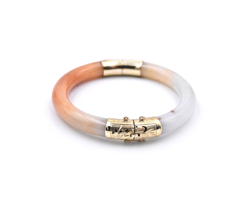 14k Yellow Gold White and Burnt Orange Jade Bangle Bracelet
