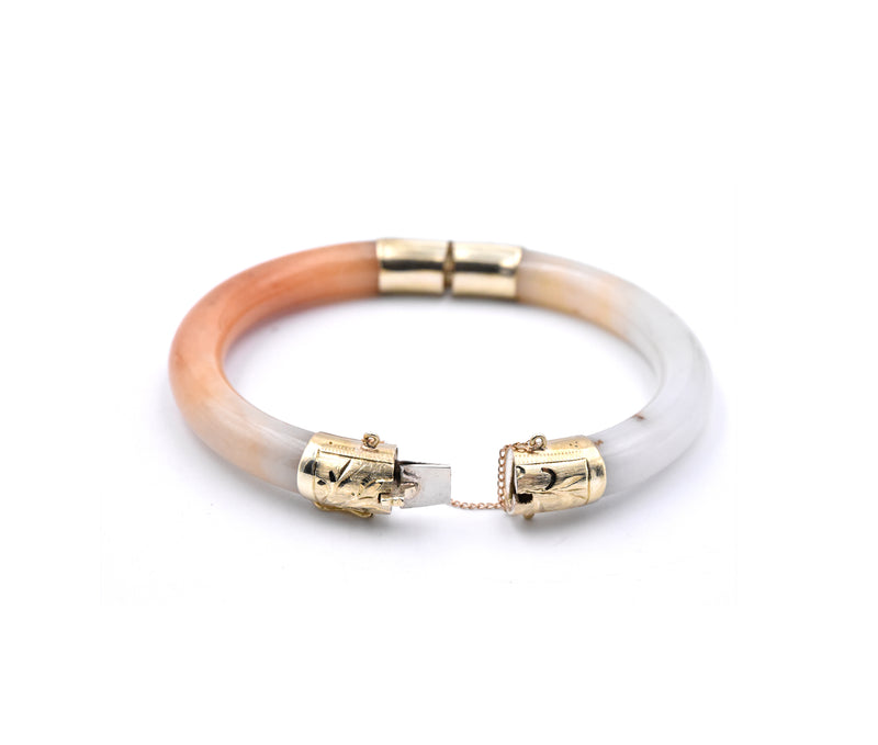 14k Yellow Gold White and Burnt Orange Jade Bangle Bracelet