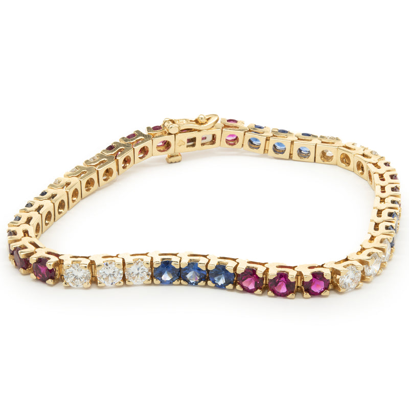 14k Yellow Gold Diamond, Ruby, and Sapphire Tennis Bracelet