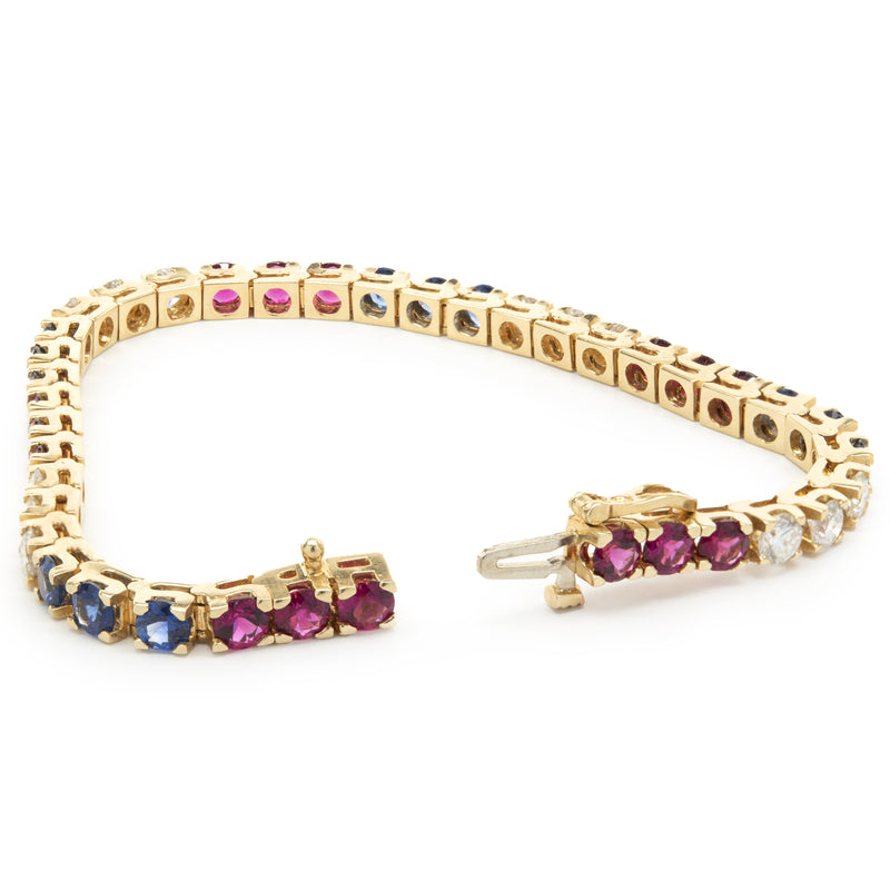 14k Yellow Gold Diamond, Ruby, and Sapphire Tennis Bracelet