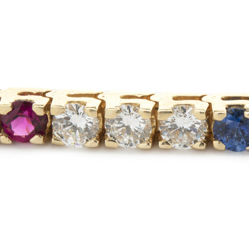 14k Yellow Gold Diamond, Ruby, and Sapphire Tennis Bracelet