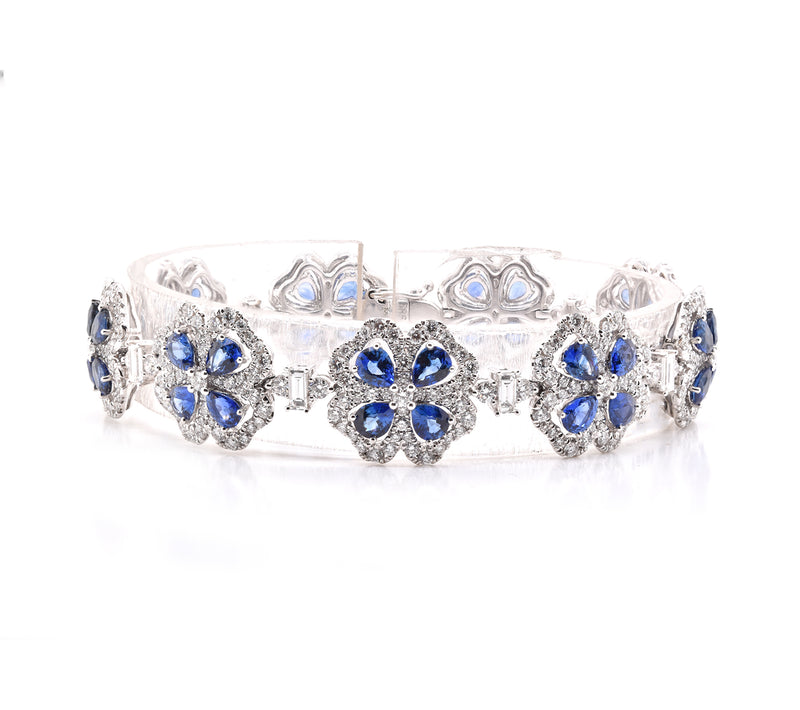 14 Karat White Gold Sapphire and Diamond Clover Bracelet