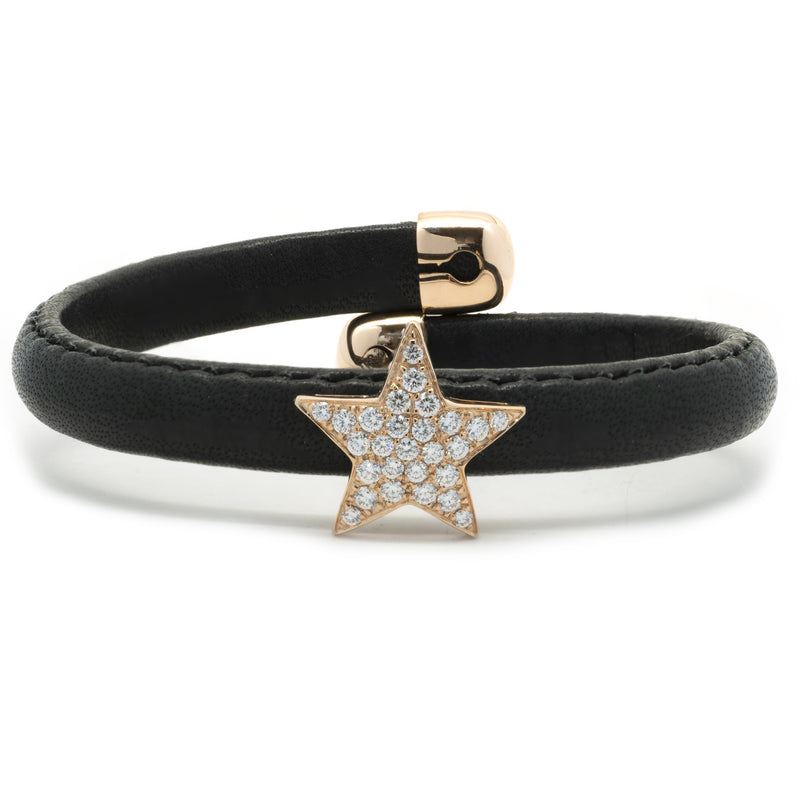 18 Karat Rose Gold Black Leather Diamond Solo Star Wrap Bracelet
