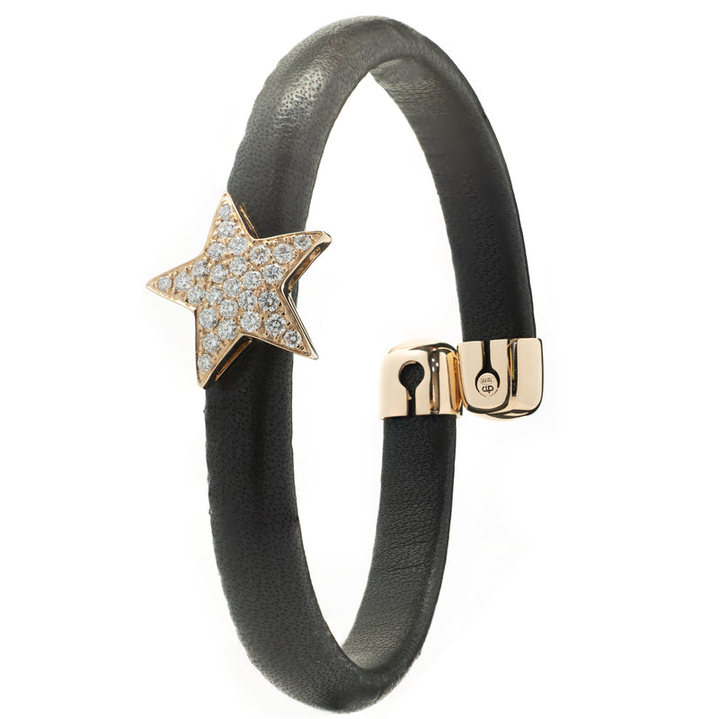 18 Karat Rose Gold Black Leather Diamond Solo Star Wrap Bracelet